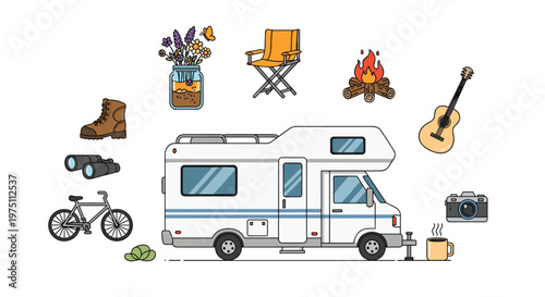 A pristine white camper van is surrounded by various travel icons including binoculars, a campfire, a guitar, a camera, and a bicycle on a clean white base.