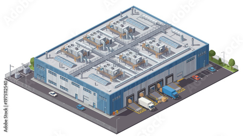 Modern distribution center with loading docks and delivery trucks ready for shipment