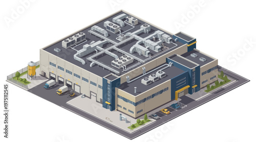Modern industrial building with loading docks and vehicles parked outside, isometric view of a factory complex