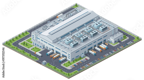 Isometric view of a large industrial warehouse building with loading docks, trucks, and parked cars, surrounded by a green landscape