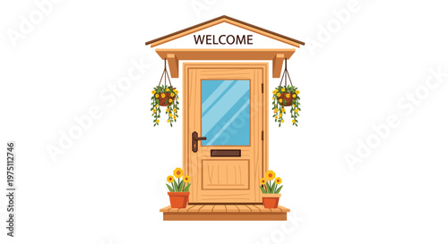 Inviting wooden front door with a glass panel and a welcome sign above, complemented by two potted yellow flowers placed on a small wooden porch area.
