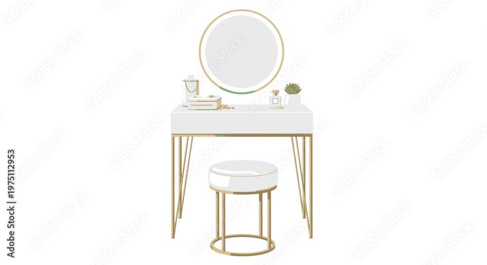 Fototapeta premium A white vanity table with elegant gold legs, a round mirror, a small succulent, and a matching stool sits on a pristine and clean white background.