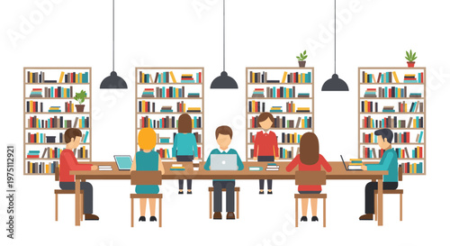 People are working at a long table in a library with bookshelves in the background and pendant lights overhead in a clean and bright office setting.