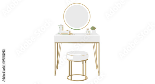 A white vanity table with elegant gold legs, a round mirror, a small succulent, and a matching stool sits on a pristine and clean white background.