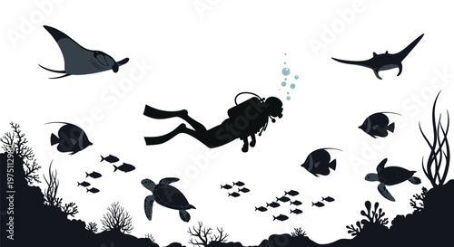A black silhouette of a scuba diver swimming among fish, sea turtles, and manta rays near a detailed coral reef bottom on a clean white background.