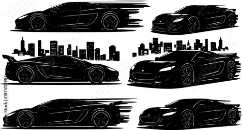 Luxury Electric Sports Car Driving Through Neon City at Night, High-Speed Motion Blur and Urban Reflections in Futuristic Automotive Design - Vector Stock