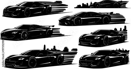 Luxury Electric Sports Car Driving Through Neon City at Night, High-Speed Motion Blur and Urban Reflections in Futuristic Automotive Design - Vector Stock