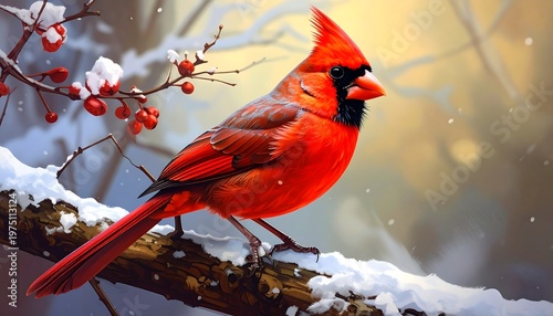 A vibrant male bird with bright red plumage perches on a snowy branch, berries are visible. A blurred background depicts winter