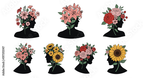 Elegant series of six human head silhouettes decorated with vibrant sunflowers and roses in a clean minimalist style against a bright white background.