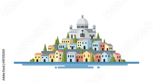 Charming architectural illustration of a white domed building situated on a hill surrounded by colorful houses and green trees against a white background.