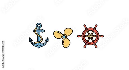 Classic nautical collection featuring a sturdy iron anchor with rope and a brass ship propeller alongside a traditional wooden captain steering wheel icon.
