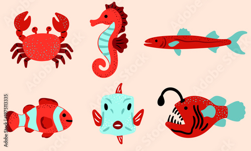 set vector drawn marine animals crab seahorse clownfish sunfish and anglerfish light pink background for kids educational decor
