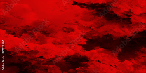 Abstract depiction of red clouds, evoking a sense of intensity and dramatic flair, painted with shades of crimson and deep blacks that dominate the landscape. 