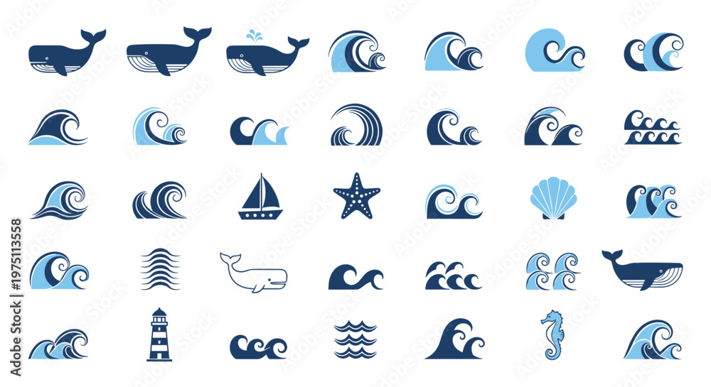 Fototapeta premium Extensive collection of diverse marine-themed icons featuring whales, rolling waves, sailboats, and lighthouses in various shades of blue and white tones.