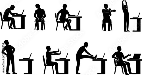 Office worker stretching and working on laptop silhouette set, ergonomic posture and workplace health concept vector