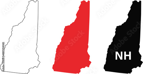 Three distinct visual representations of the new hampshire state map outline on white background Vector