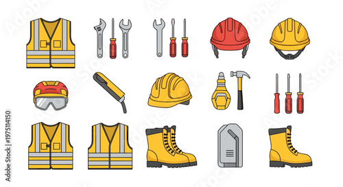 Construction worker safety gear including yellow vests hard hats boots and various hand tools arranged in a neat grid layout with a bright color scheme.