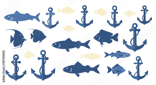 Blue nautical anchors and various fish silhouettes are arranged in a scattered pattern against a light cool-toned background with a crisp graphic finish.