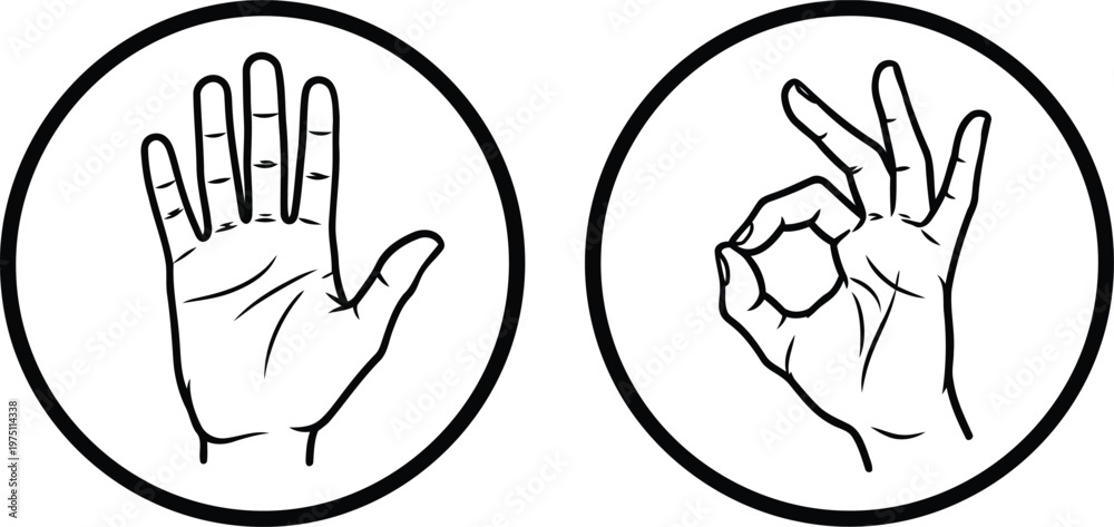 Fototapeta premium A black and white line art illustration showing a hand with open palm and an okay hand gesture Vector