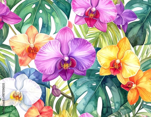 A vibrant seamless pattern showcasing colorful orchids and monstera leaves against a white background. The blossoms are in full bloom
