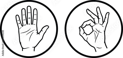 A black and white line art illustration showing a hand with open palm and an okay hand gesture Vector