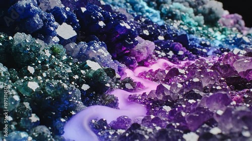 Abstract Macro View of Iridescent Liquid Flowing Through a Landscape of Multicolored Glowing Natural Crystals