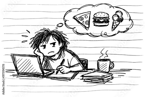 Minimal food distraction while working vector lines icon thoughts sketch thinking