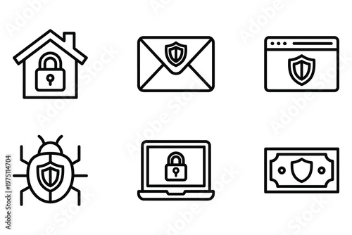 Cyber security icons for home protection secure email web browser safety antivirus shield laptop lock and financial transaction defense