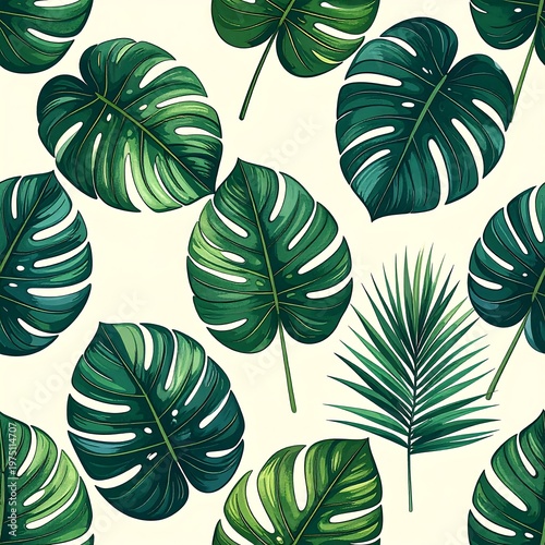 A vibrant seamless pattern showcasing lush, oversized tropical leaves against a cream-colored background, creating a natural feel