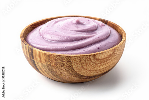 Poi Taro Paste in Bamboo Bowl 30 Degree Angle Isolated on White Background Studio Shot