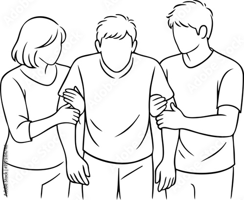 Family support for person with dementia line art illustration