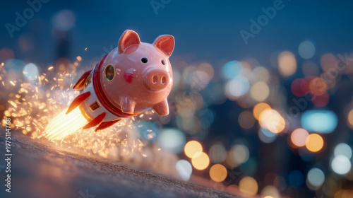 A piggy bank attached to a rocket launching upwards with sparks and bright city lights in the blurred background symbolizing fast financial growth and investment suc