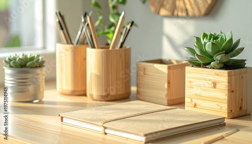 Sustainable Home Office with Bamboo Desk and Upcycled Notebook at Daylight