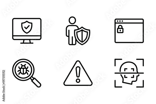 Digital security icon collection with biometric face scan computer monitoring user protection malware inspection and warning alert symbols