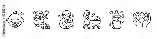 Baby and Parenting Icon Set: Line Art Vector Illustration of Newborn Care, Motherhood, and Childhood Essentials