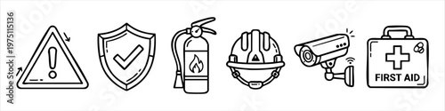 Safety and security line icon set including fire extinguisher, first aid kit, surveillance camera, hard hat, and warning sign in hand-drawn doodle style.