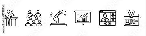 Business Conference and Event Icon Set - Hand-Drawn Doodle Style Featuring Speaker, Audience, Microphone, Presentation Chart, Webinar, and ID Badge