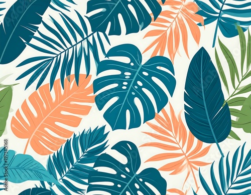 A vibrant seamless pattern showcasing stylized tropical leaves in teal, coral, and green on a cream backdrop