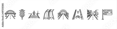 Set of road infrastructure and urban traffic line icons featuring highway, bridge, tunnel, and street signs.