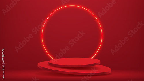 Two red levitating podium with gold neon circle for product presentation