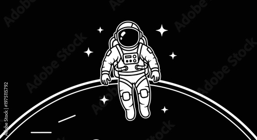 Astronaut floating in space illustration with stars and planetary line