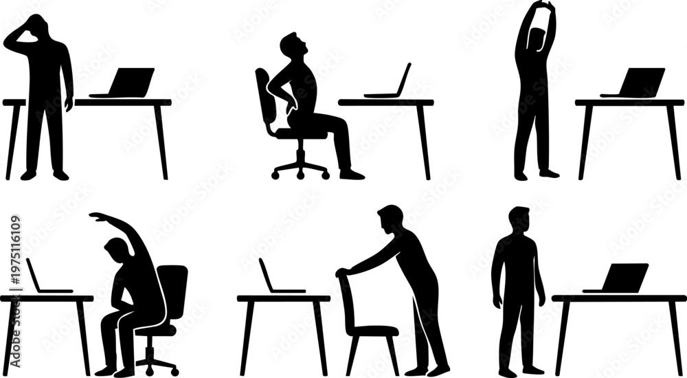 Fototapeta premium Office worker stretching and correcting posture at desk silhouette set, ergonomic workplace health concept vector
