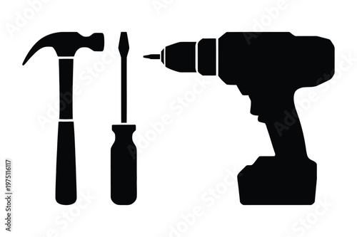 Silhouette of a cordless drill, screwdriver, and hammer on white background