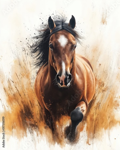 A galloping horse with a fluttering mane and tail on a picturesque background.