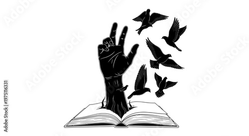 a hand emerging from an open book with birds flying out.