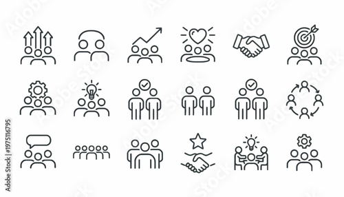 A set of various line icons depicting people interacting and working together in business and social settings.