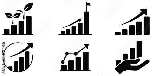 Business growth charts and analytics icon set, Financial progress and data visualization symbols, Success performance graph collection