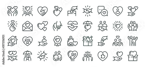 A collection of various emotive icons and symbols depicted in a line art style on a white background.
