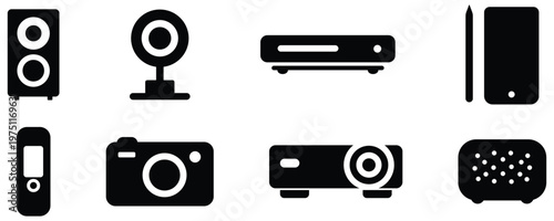 Electronics and multimedia device icon set, Camera speaker and digital gadget silhouettes, Technology equipment collection
