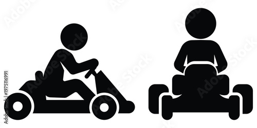 Go kart racing stickman icon set with driving poses, Kart driver and vehicle silhouette symbols, Motorsport activity collection
